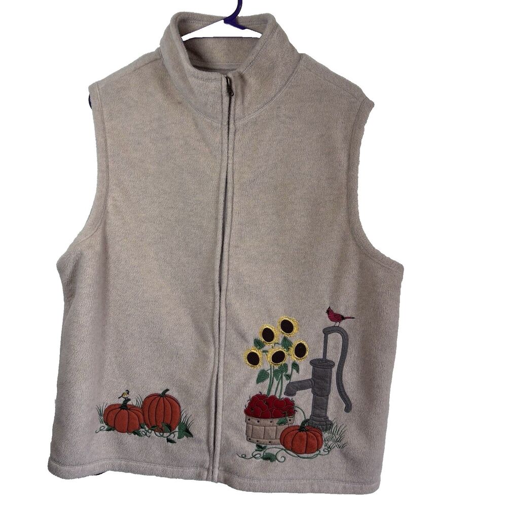 Baxter & Wells XL Fleece Vest Fall Harvest Pumpkin Sunflower Zip Up Cottagecore
